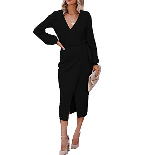 Damen elegantes Wickelkleid mit langem Arm und schickem V-Ausschnitt R&B