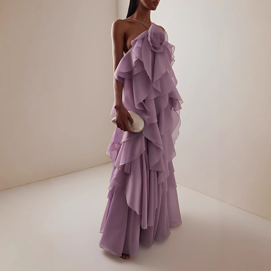Damen Maxikleid mit voluminösen Rüschen und floralen Akzenten R&B
