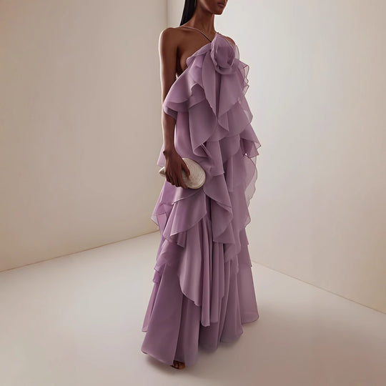 Damen Maxikleid mit voluminösen Rüschen und floralen Akzenten R&B