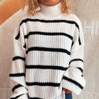 Damen Strickpullover mit hohem Kragen und modischem Streifenmuster R&B