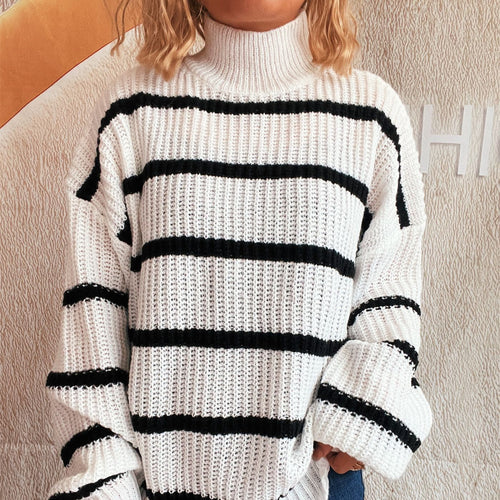 Damen Strickpullover mit hohem Kragen und modischem Streifenmuster R&B
