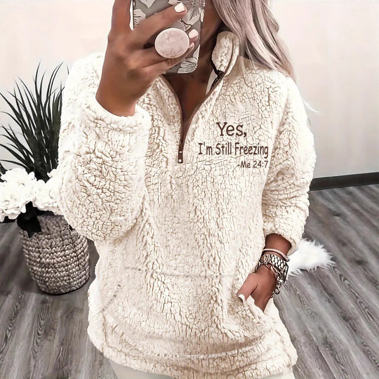 Damen kuscheliger Fleece-Pullover mit kurzem Reißverschluss und originellem Schriftzug R&B