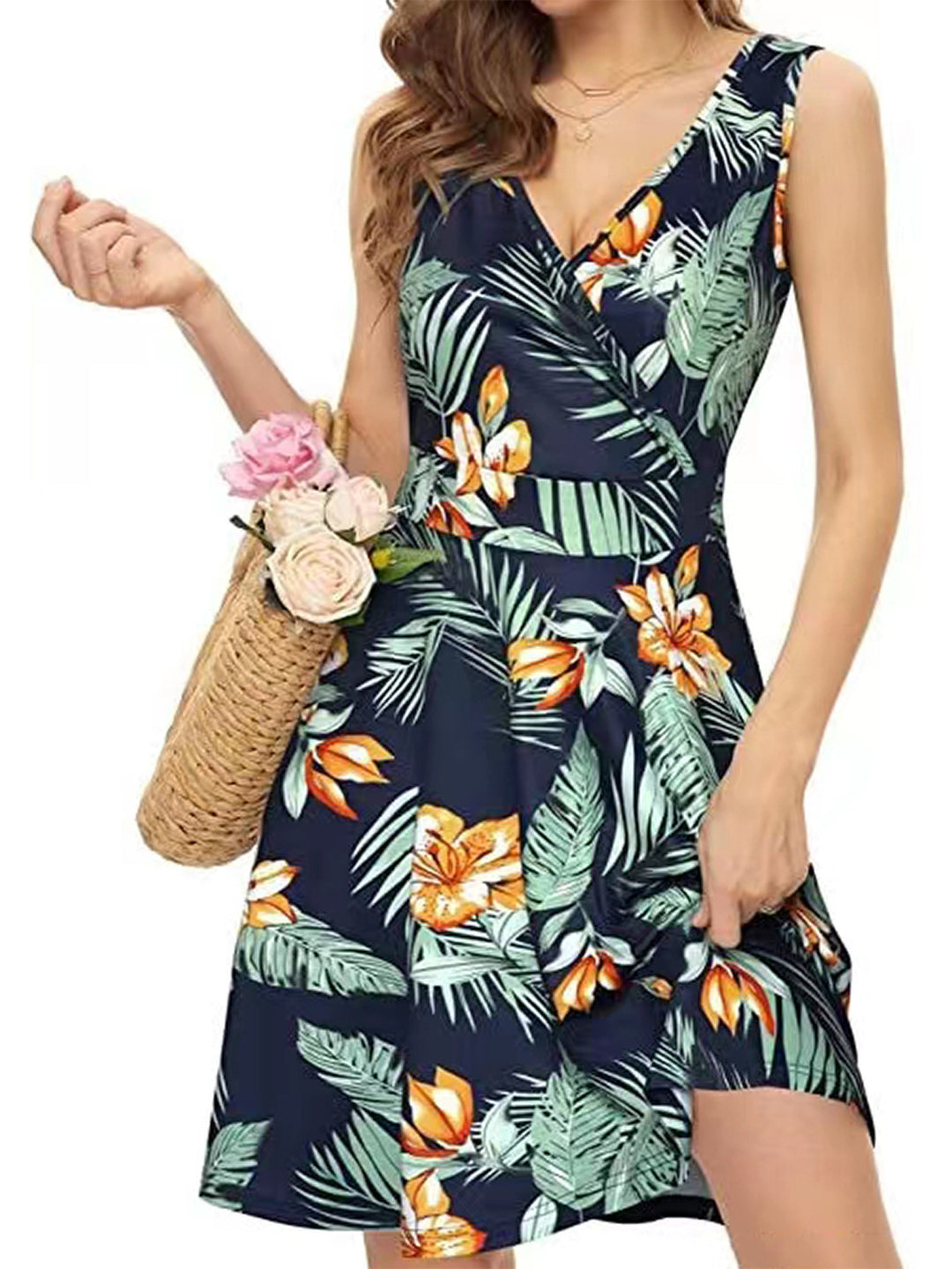 Damen Wickelkleid mit floralem Muster und schwingendem Rock R&B
