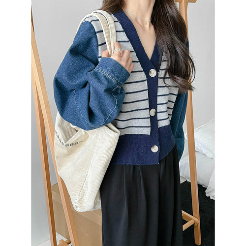 Damen modische Strickjacke mit modernen Streifen-Design und Raglanärmeln R&B