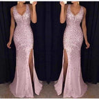 Damen Glamouröses Abendkleid mit glitzernden Pailletten und tiefem Schlitz EB