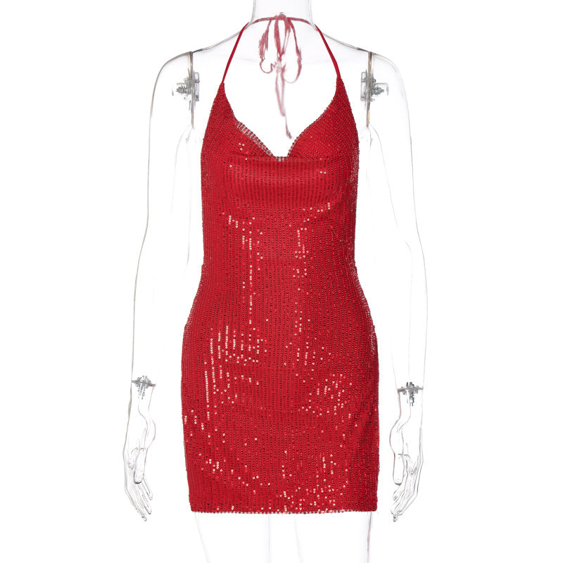 Damen Funkelndes Minikleid mit schmalem Schnitt und Halterdesign R&B