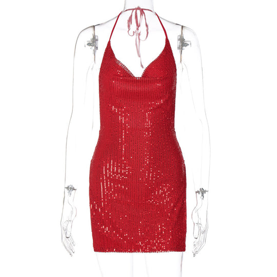 Damen Funkelndes Minikleid mit schmalem Schnitt und Halterdesign R&B