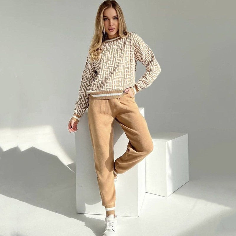 Damen modisches Strick-Loungewear-Set mit grafischem Muster R&B
