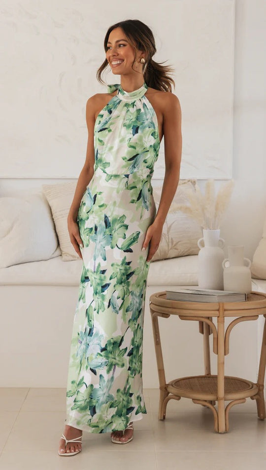 Damen Maxikleid mit hochgeschlossenem Halterneck-Design und floralem Muster R&B