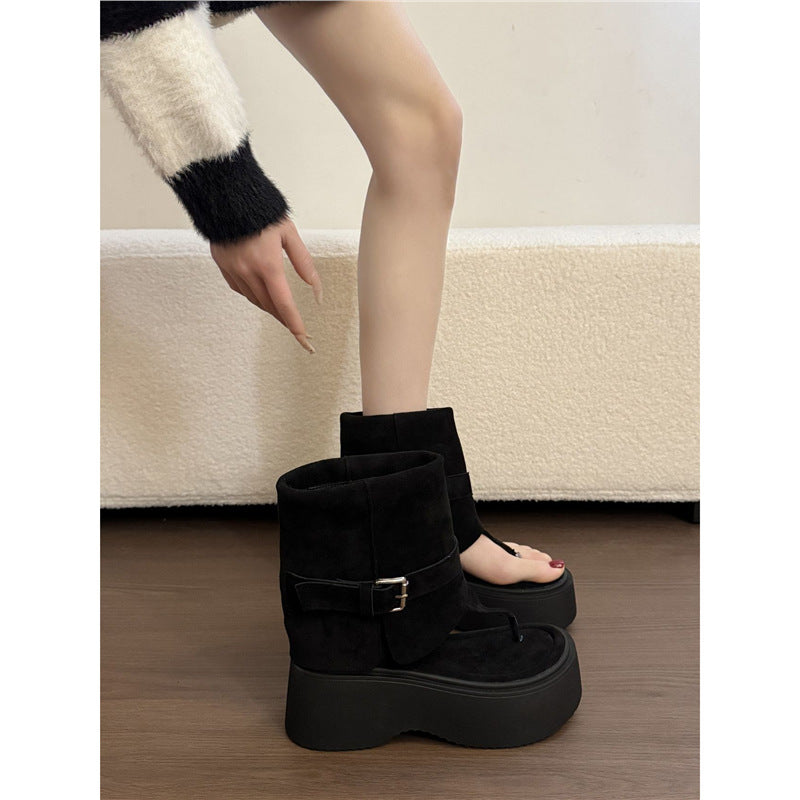 Damen Plateau-Stiefel mit geschwungenem Riemendesign R&B