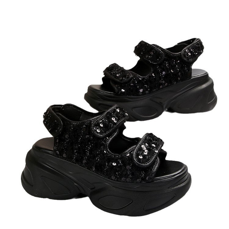 Damen Sneakersandalen mit komfortablem Klettverschluss und glitzernder Oberflächenstruktur R&B