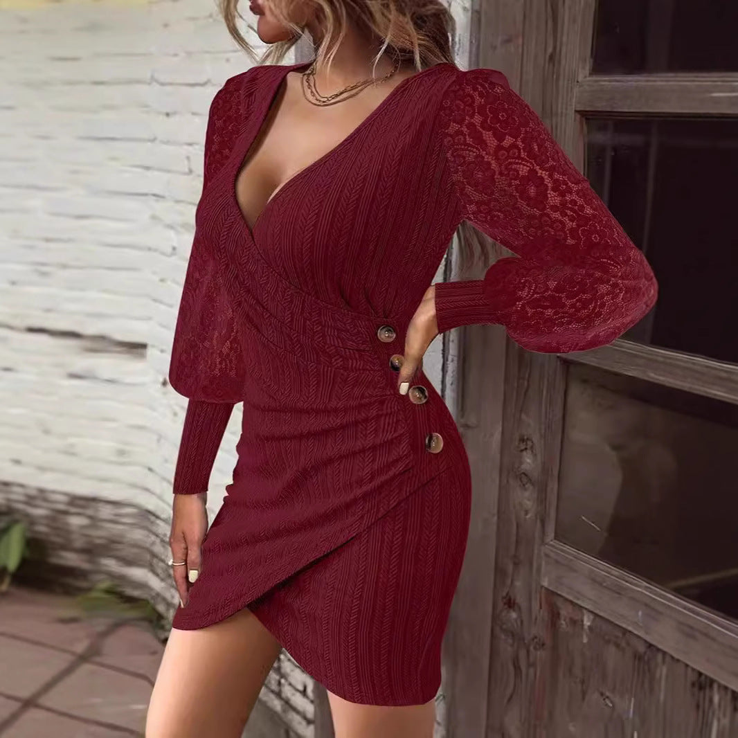 Damen Kurzarm Kleid mit raffinierten Spitzenärmeln und elegantem Wickeldesign R&B