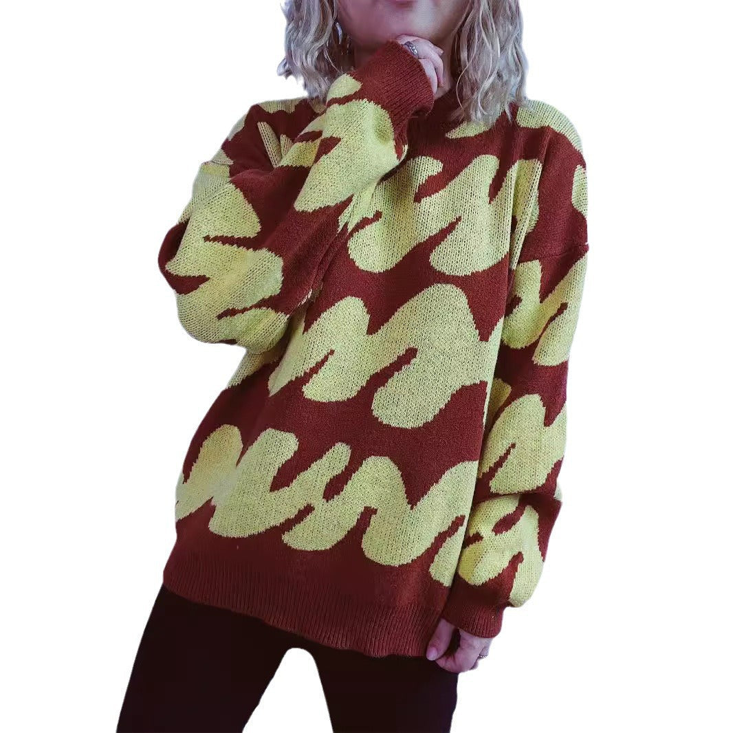 Damen lässiger Pullover mit modernem Farbblockdesign und voluminösen Ärmeln R&B