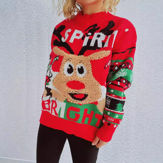 Damen Weihnachtspullover mit fröhlichem Rentier-Motiv und auffälligem Strickmuster R&B