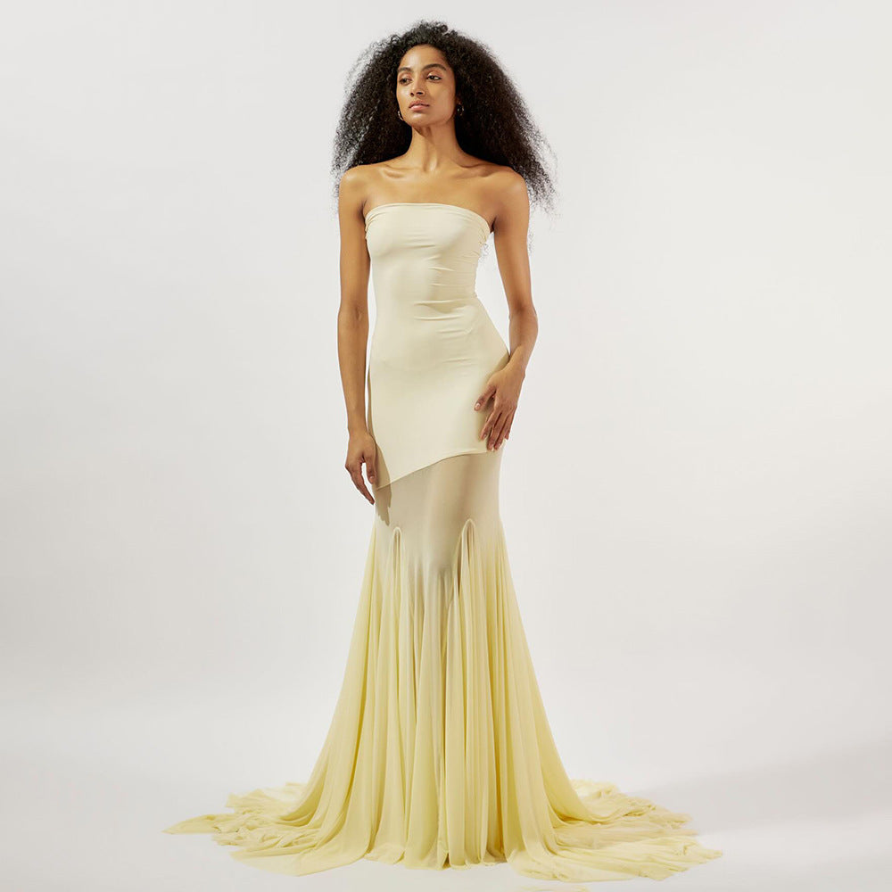 Damen Elegantes schulterfreies Maxikleid mit schimmerndem Stoff und voluminösem Rock R&B