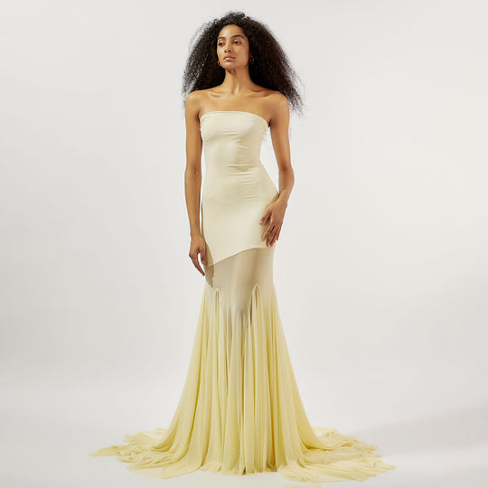 Damen Elegantes schulterfreies Maxikleid mit schimmerndem Stoff und voluminösem Rock R&B