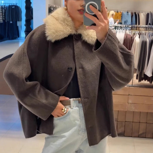 Damen elegante Oversized-Jacke mit Sherpa-Kragen R&B