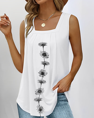 Damen nan ärmelloses Longtop mit quadratischem Ausschnitt, Faltenpassé und mittigem Blumenprint R&B