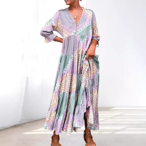 Damen nan luftiges Maxikleid im Patchwork-Boho-Stil mit V-Ausschnitt, gerafftem Oberteil und ausgestelltem Stufensaum R&B
