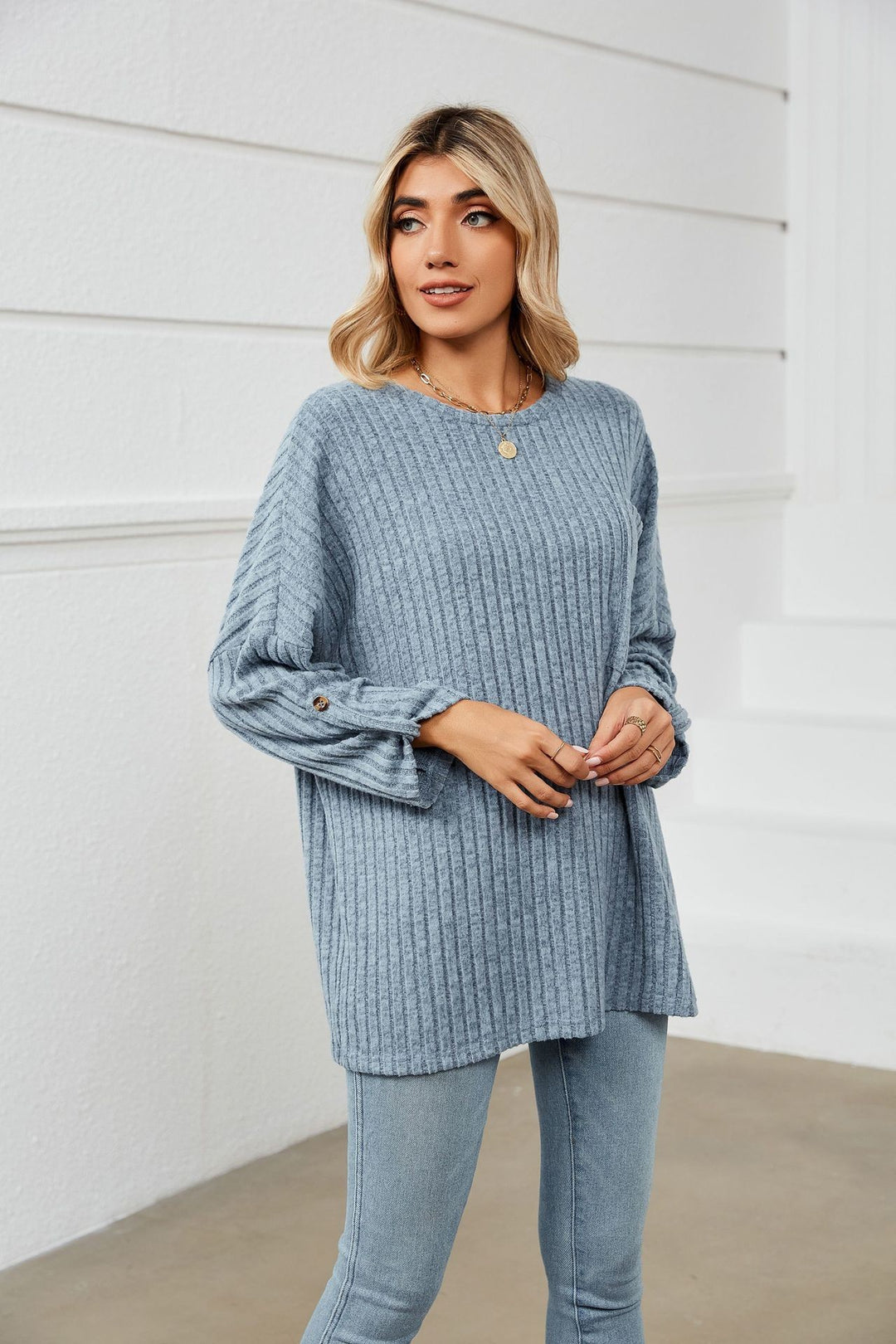 Damen lockeres Strickoberteil mit Baumwolldetail R&B