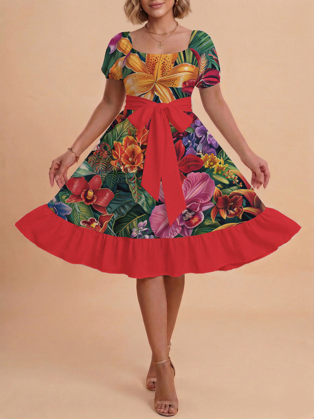 Damen Sommerkleid mit floralem Puffärmel und taillierbarem Gürtel R&B