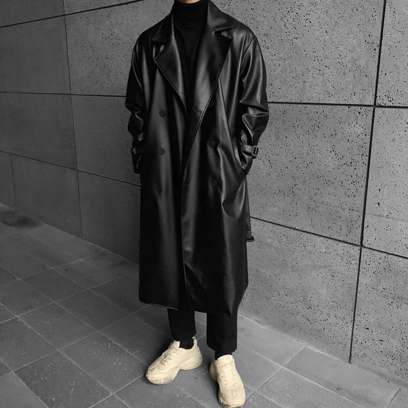 Herren modischer Longtrenchcoat aus hochwertigem Kunstleder mit elegantem Schnitt R&B