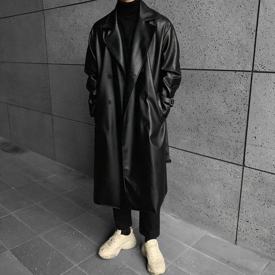 Herren modischer Longtrenchcoat aus hochwertigem Kunstleder mit elegantem Schnitt R&B