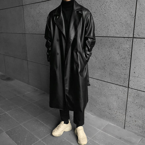 Herren modischer Longtrenchcoat aus hochwertigem Kunstleder mit elegantem Schnitt R&B