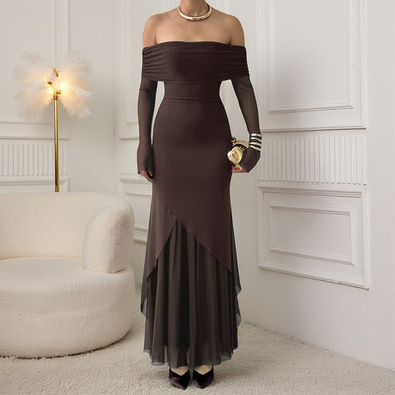 Damen elegantes schulterfreies Maxikleid mit raffiniertem Rüschenoberteil und asymmetrischem Saum R&B