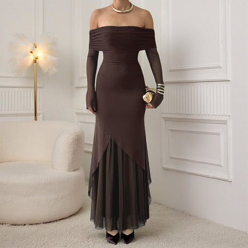 Damen elegantes schulterfreies Maxikleid mit raffiniertem Rüschenoberteil und asymmetrischem Saum R&B