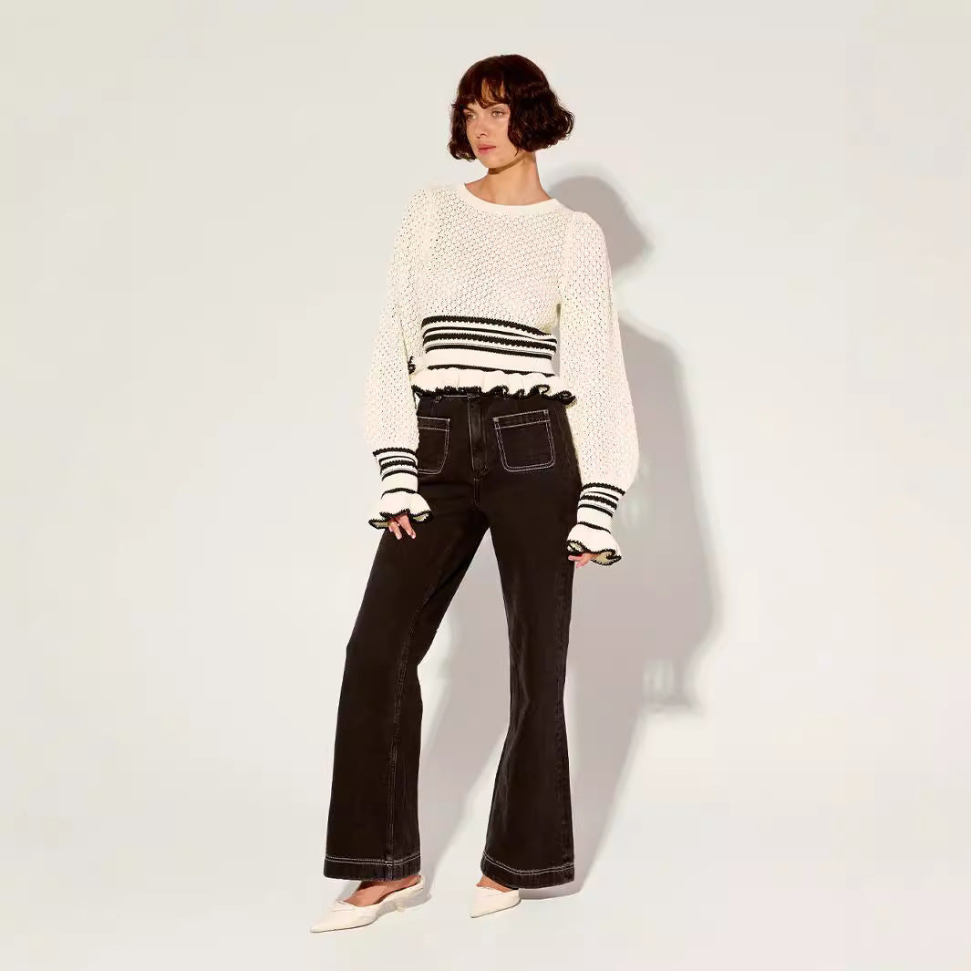 Damen lässiger Strickpullover mit Rüschendetails R&B