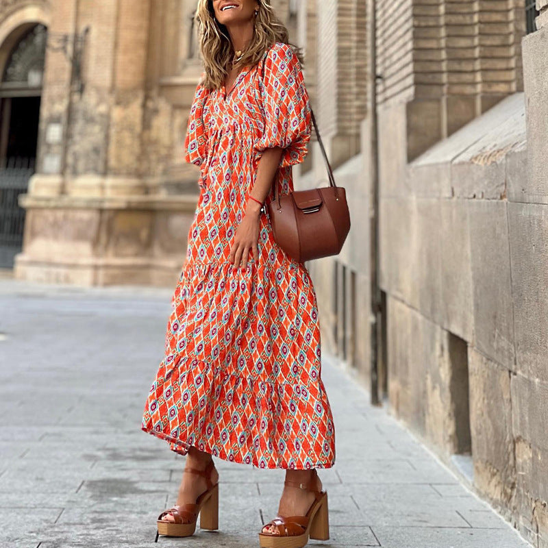 R&B | Großes böhmisches Kleid mit Rundhalsausschnitt und Laternenärmeln