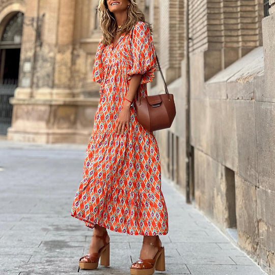 R&B | Großes böhmisches Kleid mit Rundhalsausschnitt und Laternenärmeln