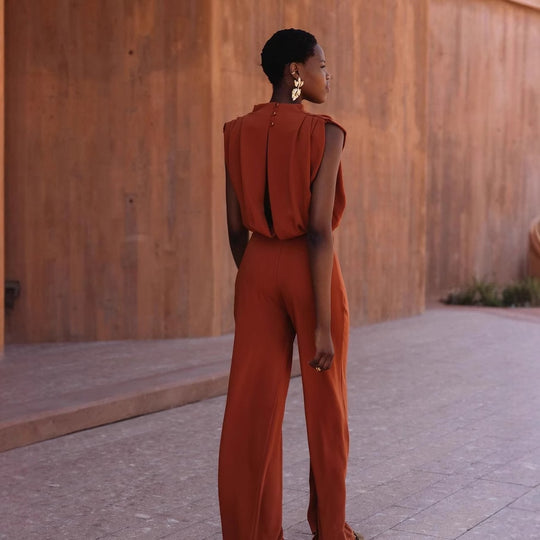 Damen Eleganter Jumpsuit mit hochgeschlossenem Kragen und weiten Beinen R&B