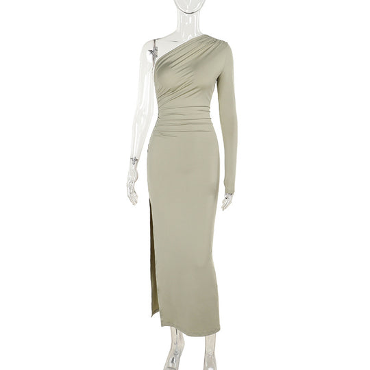 Damen elegantes One-Shoulder Maxikleid mit hohem Schlitzausschnitt R&B