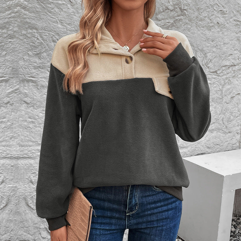 Damen Fleece-Pullover mit knopfbarem Kragen und praktischer Brusttasche R&B