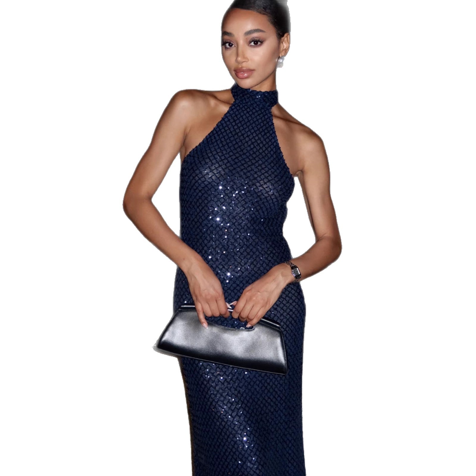 Damen Glitzerndes Abendkleid mit hohem Kragen und figurbetonter Silhouette EB
