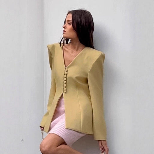 Damen Modischer Blazer mit asymmetrischem Schnitt und dekorativen Knöpfen R&B