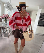 Damen lockere Strickjacke mit breiten Streifen und Bindegürtel R&B