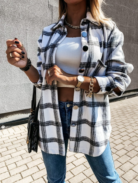 Damen Flanellhemdjacke mit Karomuster und großen Knöpfen R&B