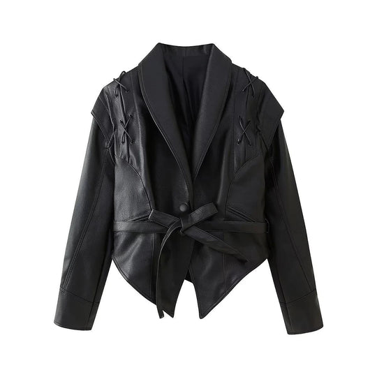 Damen modische Bikerjacke mit dekorativen Schnürdetails und eleganter Taillierung R&B