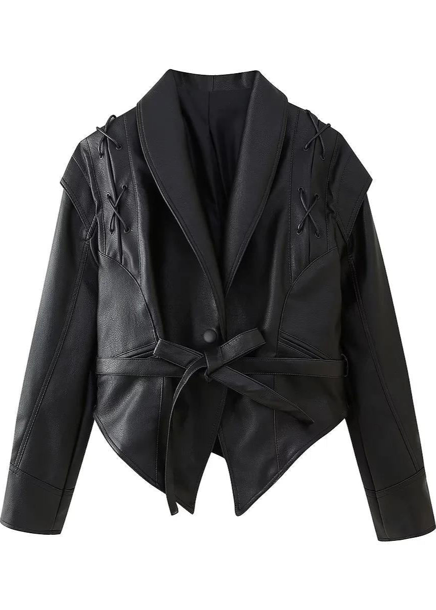 R&B | Schwarzer PU-Leder Damen Blazer mit Gürtel