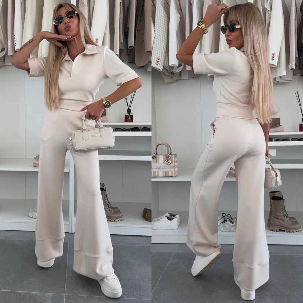 Damen elegantes Poloshirt und flared Hose Set R&B