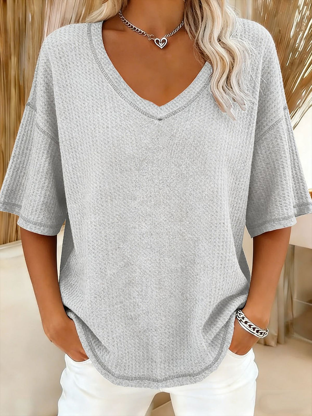Damen lässiges Oversize-Shirt mit V-Ausschnitt und strukturiertem Muster R&B
