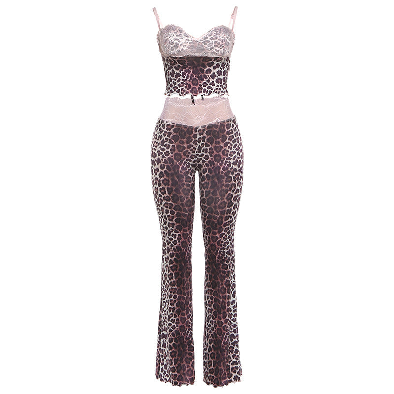 Damen Erotik Jumpsuit mit Leopardenmuster und spitzen Trägern R&B