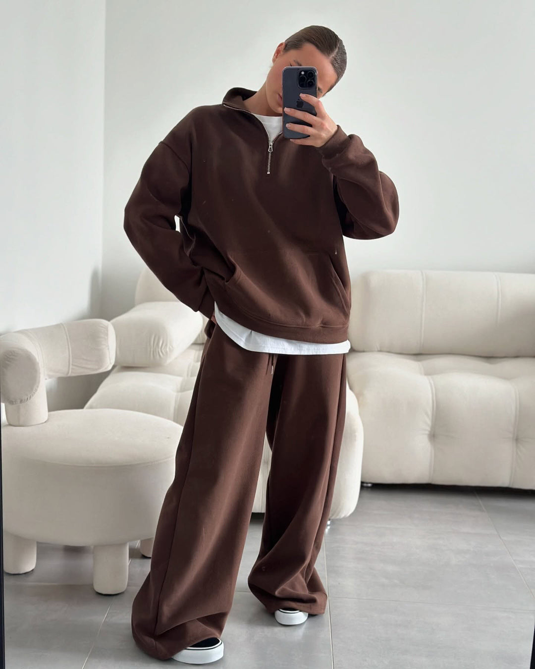 Damen gemütliches Fleece-Loungewear-Set mit hochgezogenem Kragen und lockerer Passform R&B