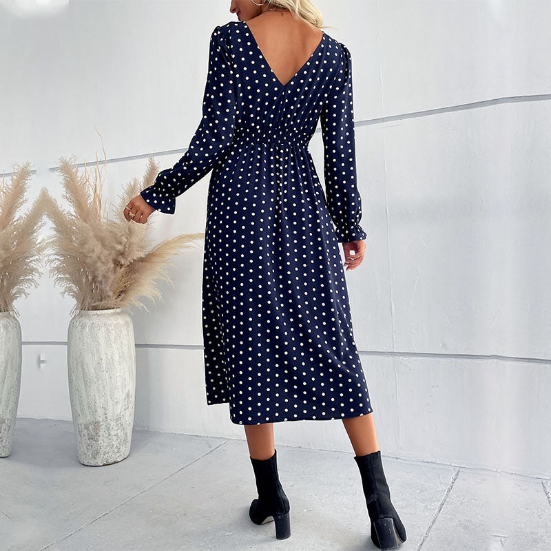 Damen Midi-Kleid mit eleganten Puffärmeln und punktiertem Design R&B