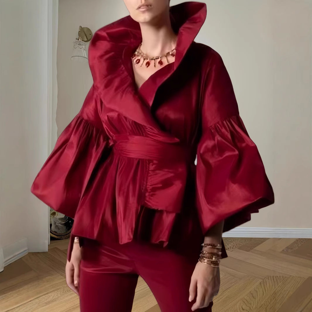 Damen Elegante Wickeljacke mit voluminösen Ärmeln und modernem Kragen R&B