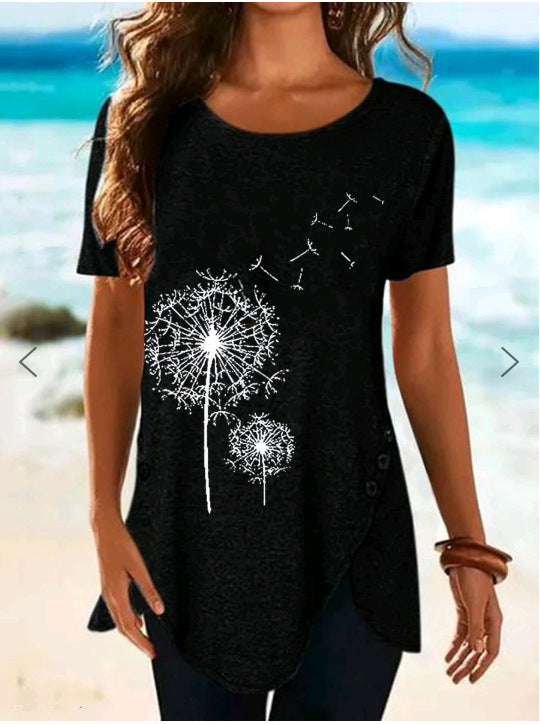 Damen Kurzarmshirt mit asymmetrischem Saum und Dandelion-Print R&B