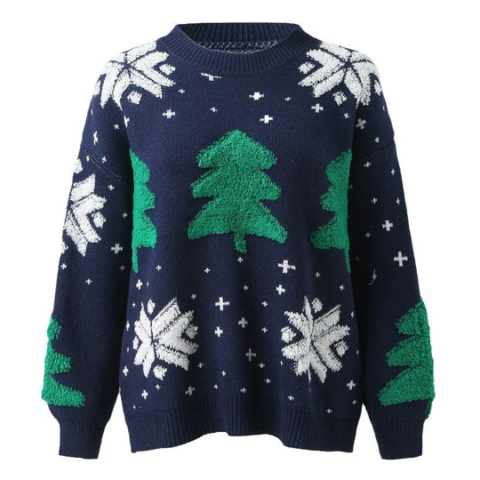 Damen Grobstrickpullover mit winterlichem Tannenbaum-Motiv und lässigem Schnitt R&B